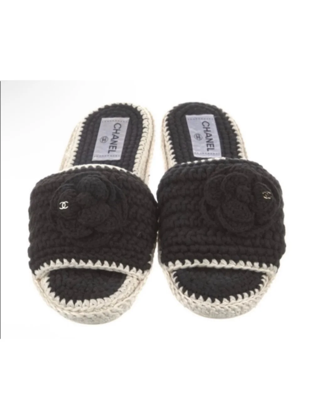 Chanel Crochet Camellia Flower Slide Sandals Black Beige 7/37